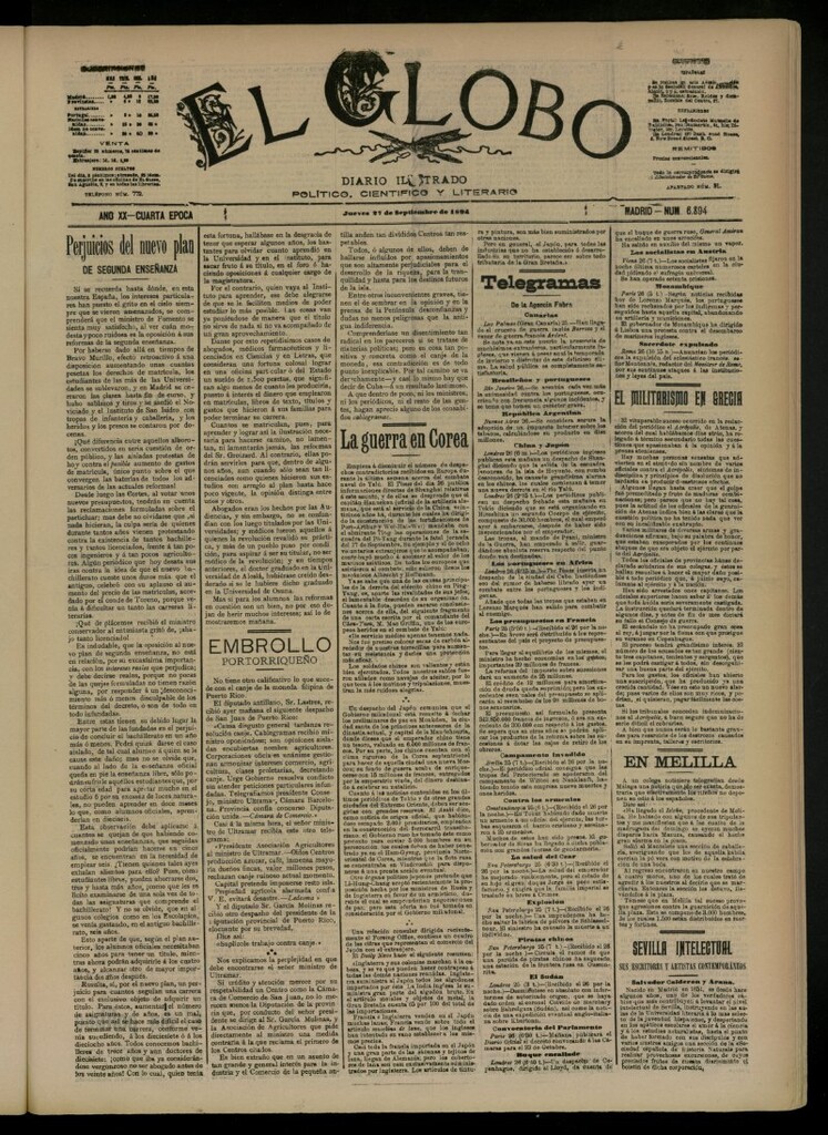Miniatura de El Globo : diario ilustrado del 27 de septiembre de 1894, nº 6894
