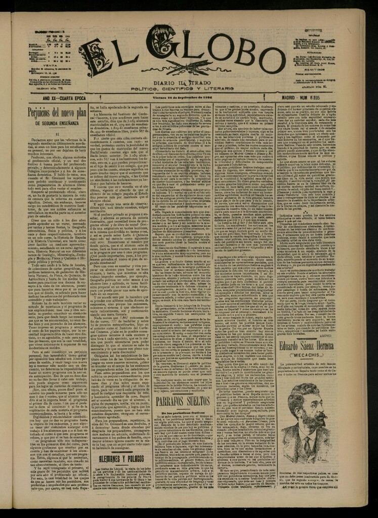 Miniatura de El Globo : diario ilustrado del 28 de septiembre de 1894, nº 6895