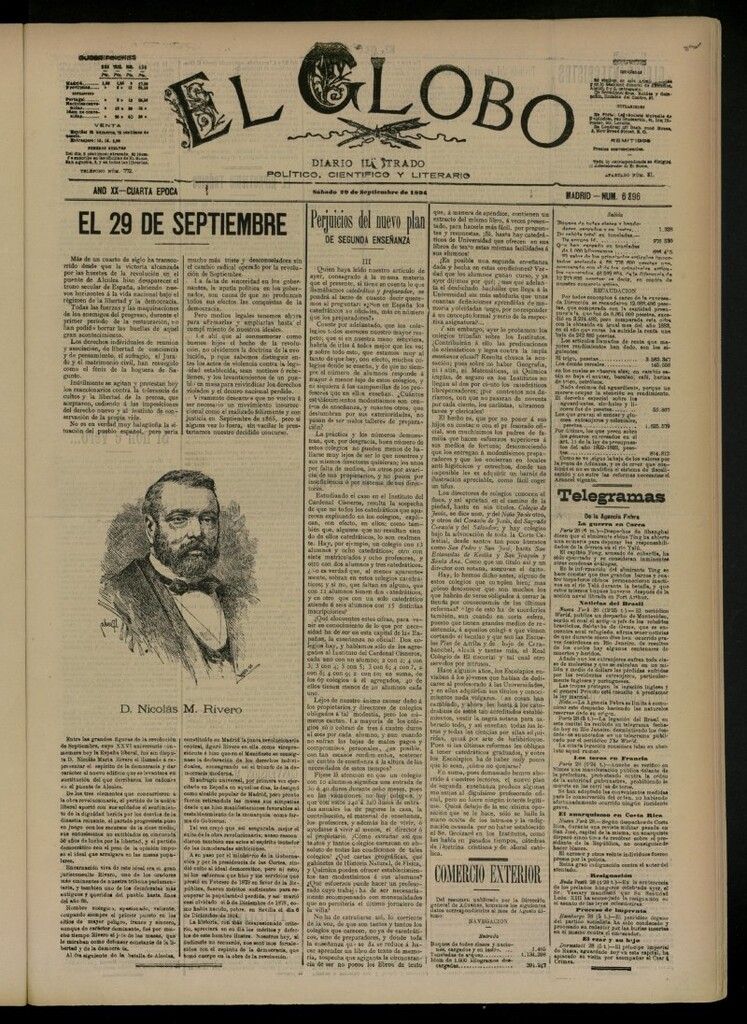 Miniatura de El Globo : diario ilustrado del 29 de septiembre de 1894, nº 6896