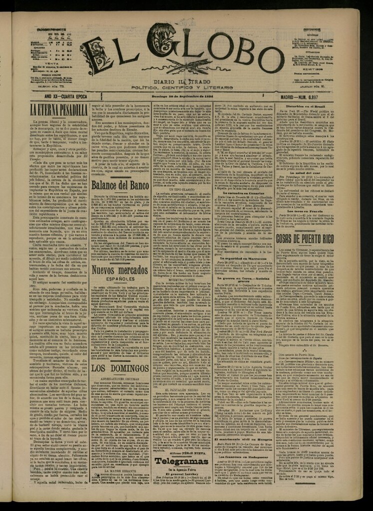 Miniatura de El Globo : diario ilustrado del 30 de septiembre de 1894, nº 6897