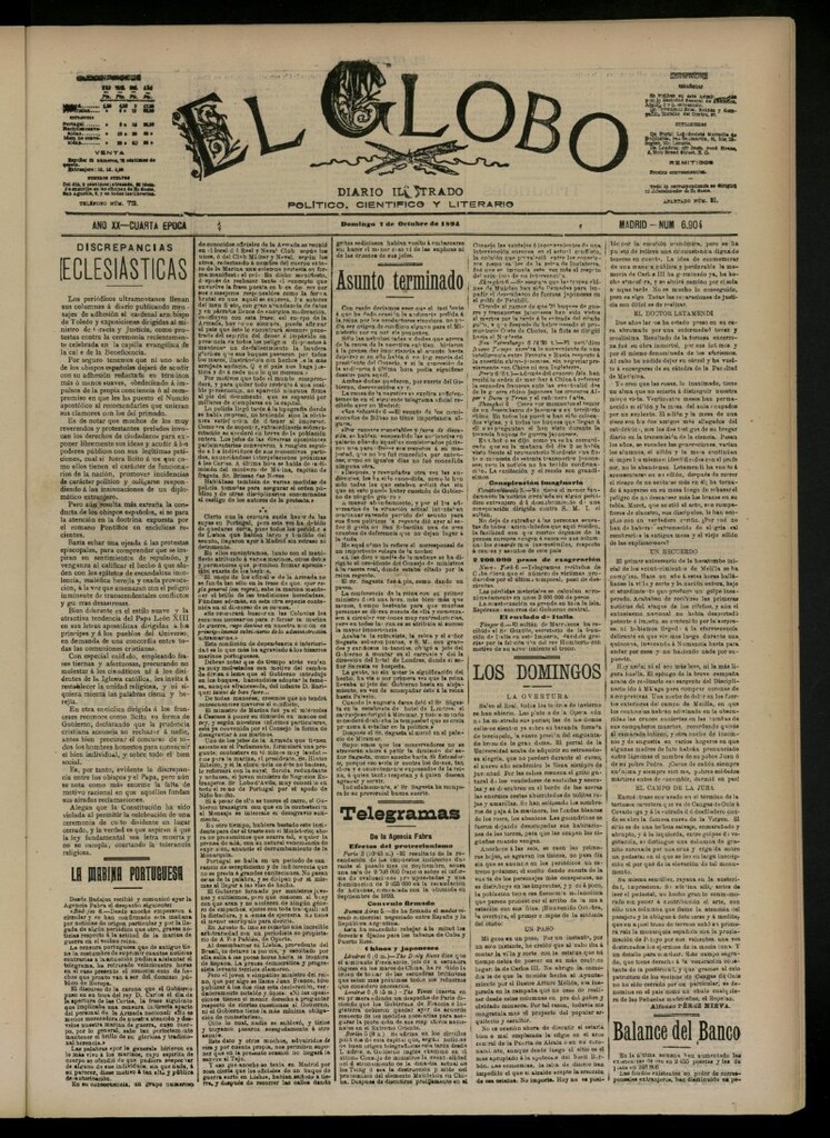 Miniatura de El Globo : diario ilustrado del 7 de octubre de 1894, nº 6904