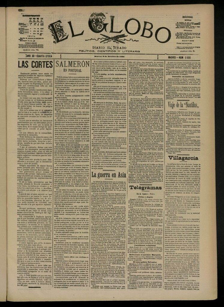 Miniatura de El Globo : diario ilustrado del 9 de octubre de 1894, nº 6906