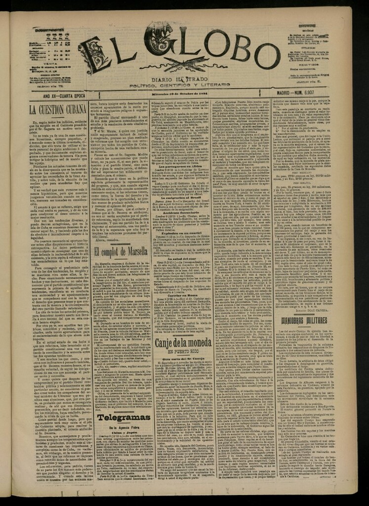 Miniatura de El Globo : diario ilustrado del 10 de octubre de 1894, nº 6907
