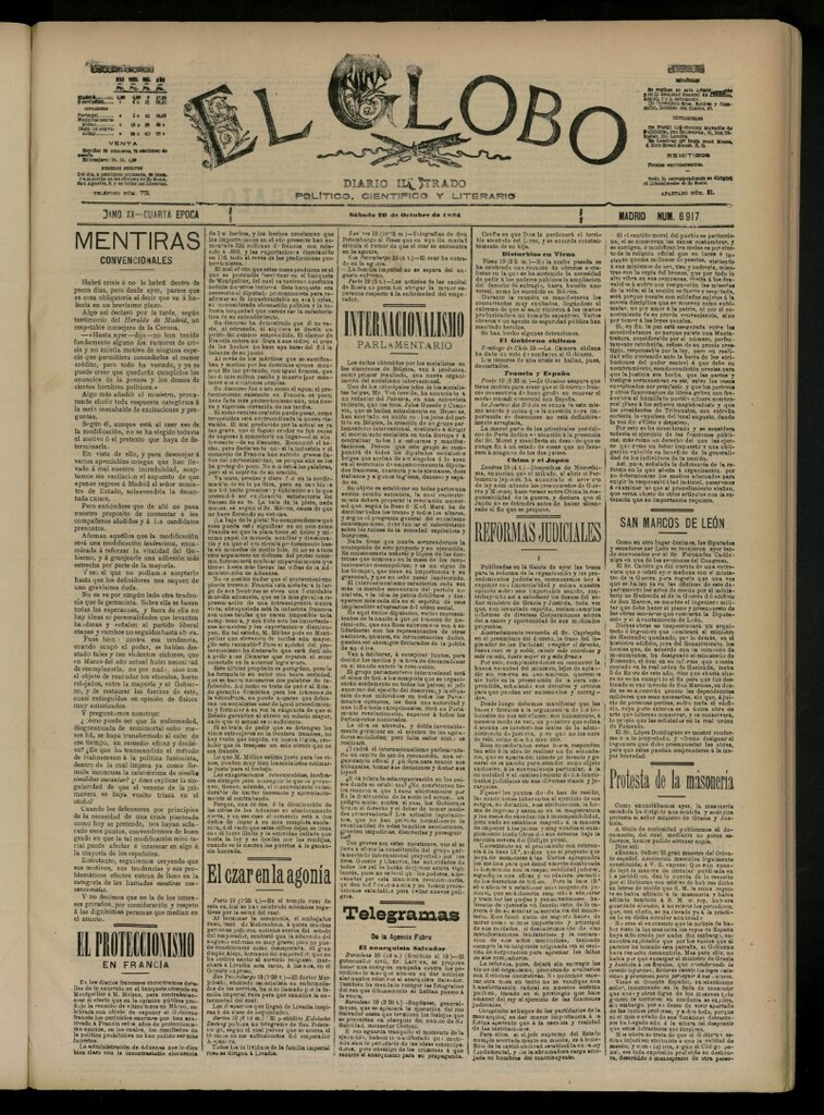Miniatura de El Globo : diario ilustrado del 20 de octubre de 1894, nº 6917