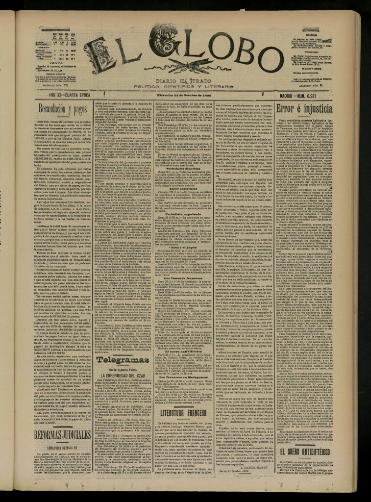 Miniatura de El Globo : diario ilustrado del 24 de octubre de 1894, nº 6921
