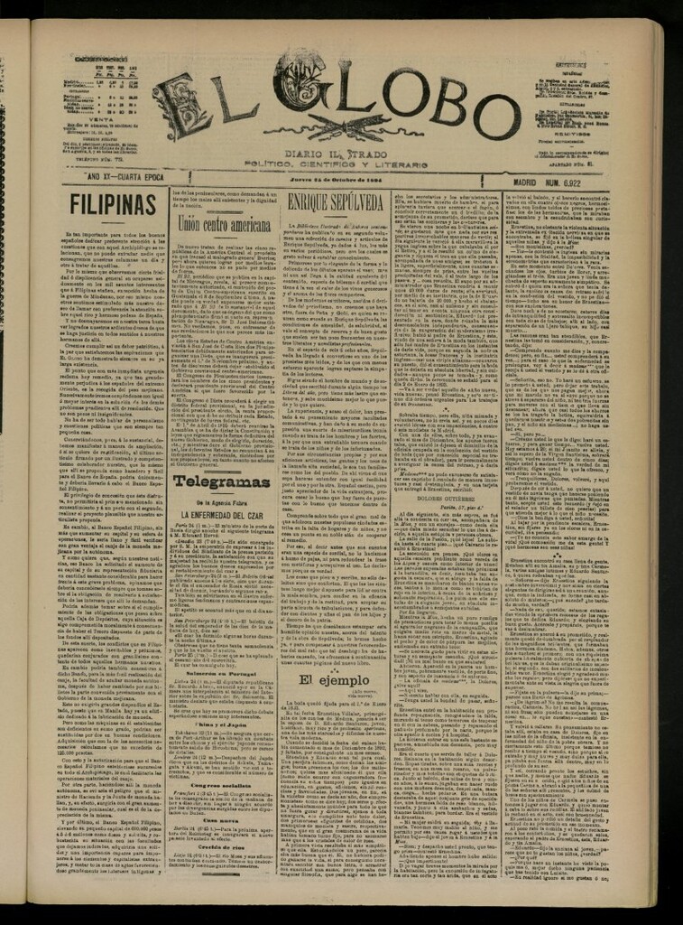 Miniatura de El Globo : diario ilustrado del 25 de octubre de 1894, nº 6922