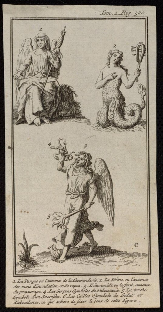 Miniatura de Parca, sirena y furia y otros símbolos