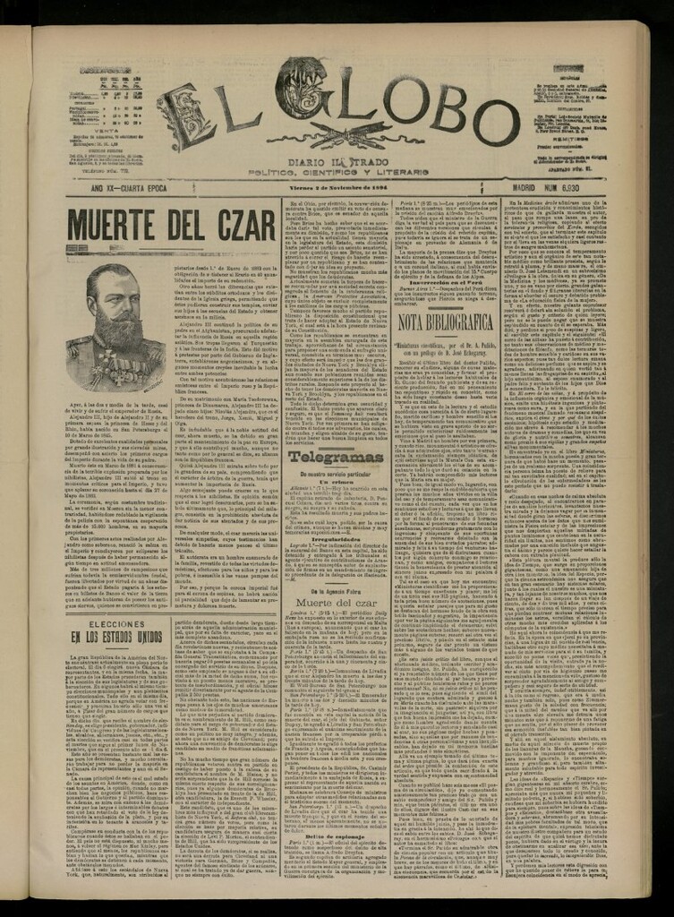 Miniatura de El Globo : diario ilustrado del 2 de noviembre de 1894, nº 6930