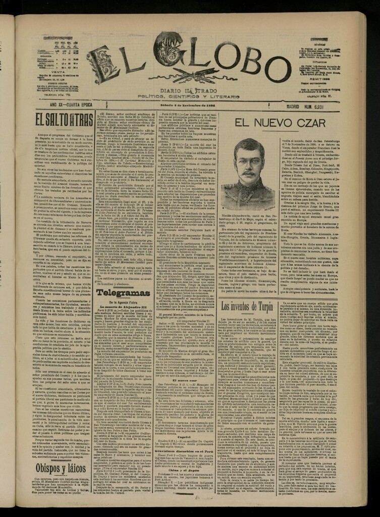 Miniatura de El Globo : diario ilustrado del 3 de noviembre de 1894, nº 6931