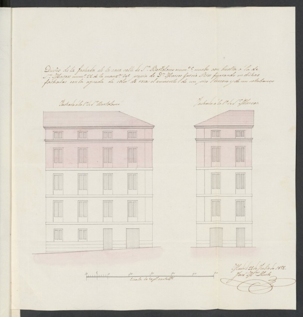 Miniatura de Licencia a D. Marcos García de los Ríos, para construir en la calle de San Bartolomé, nº 5 (nuevo) con vuelta a la calle de San Marcos, manzana 305