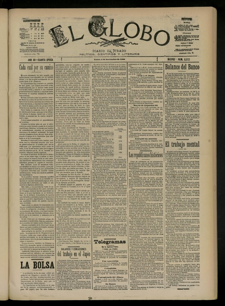 Miniatura de El Globo : diario ilustrado del 5 de noviembre de 1894, nº 6933