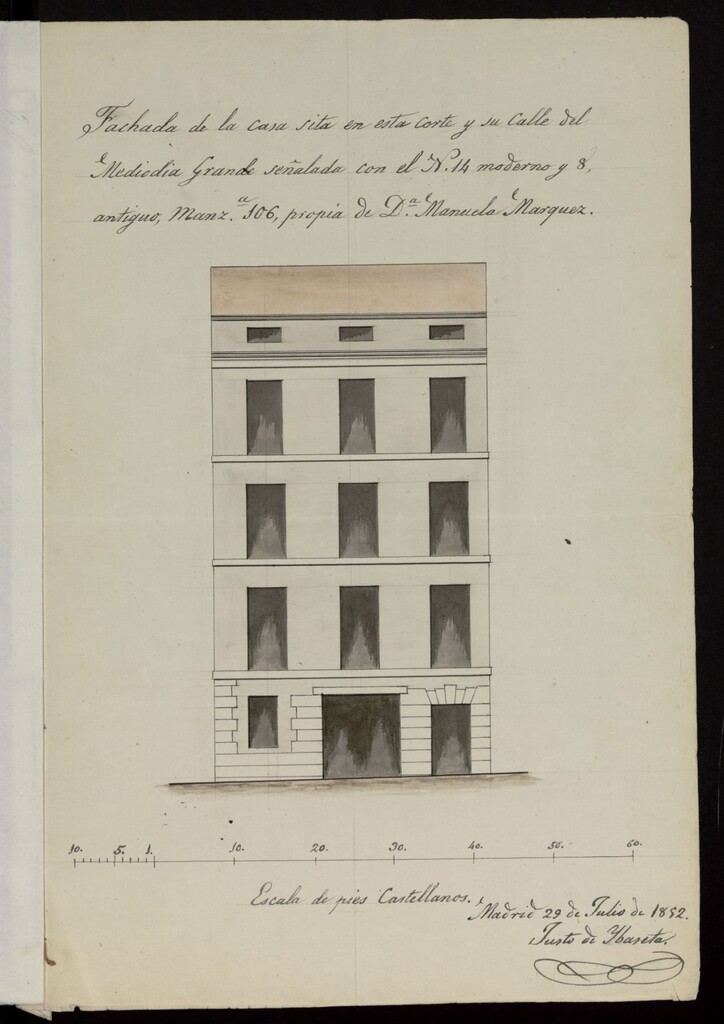 Miniatura de Licencia a D. Joaquín Mantilla, para construir piso 3º y sotabanco calle del Medio Día Grande, nº 8 y 14, manzana 106