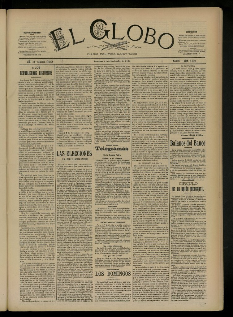 Miniatura de El Globo : diario ilustrado del 11 de noviembre de 1894, nº 6939