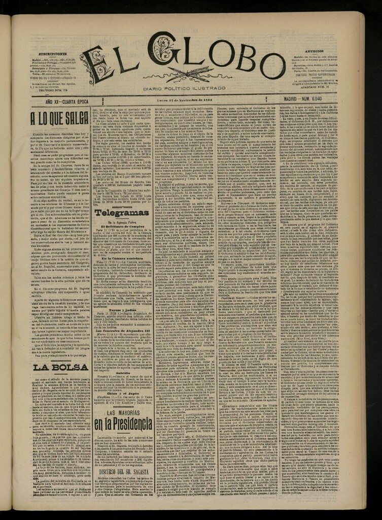 Miniatura de El Globo : diario ilustrado del 12 de noviembre de 1894, nº 6940