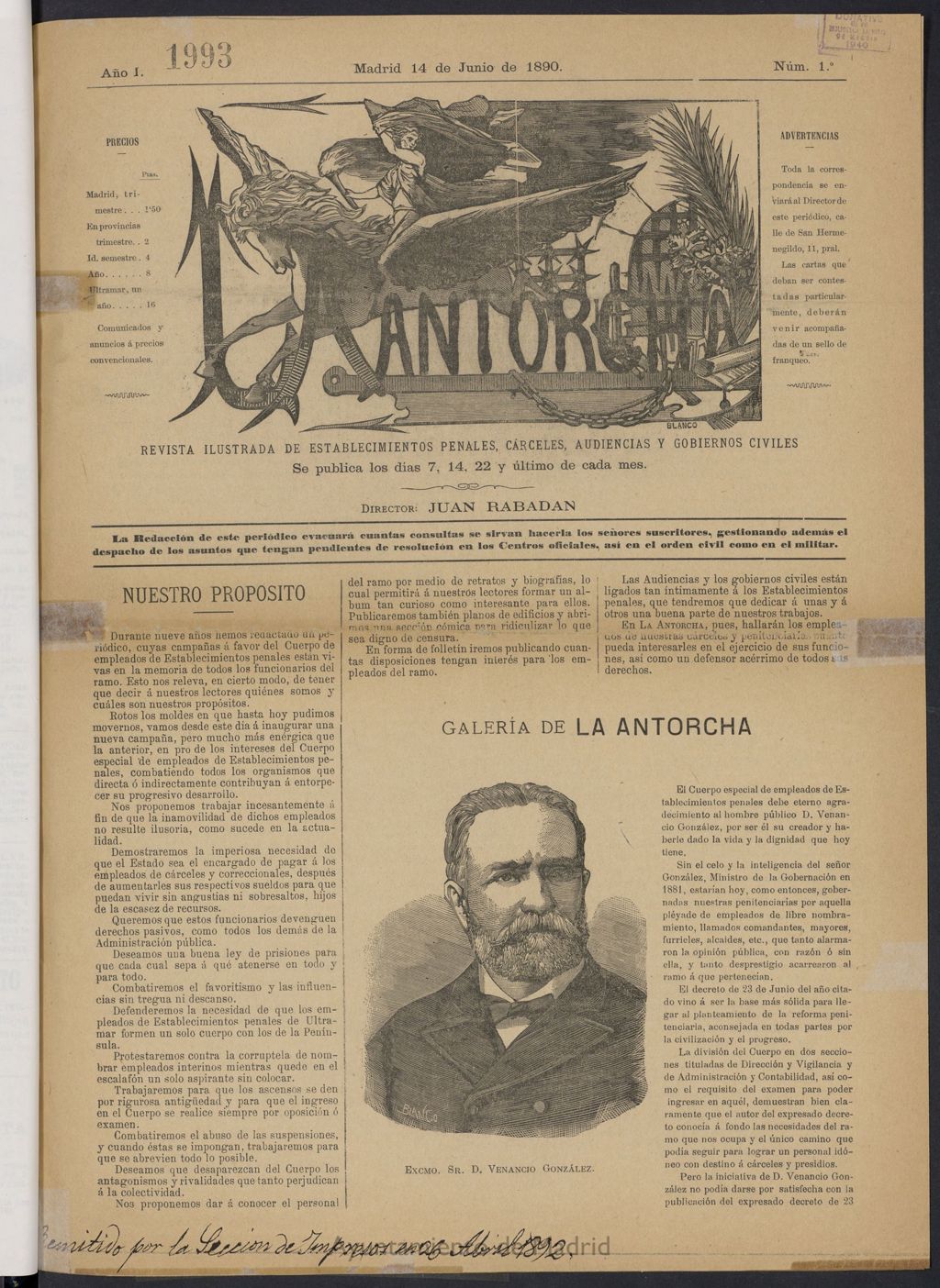 Miniatura de La Antorcha: revista ilustrada de establecimientos penales, cárceles, audiencias y gobiernos civiles del 14 de junio de 1890