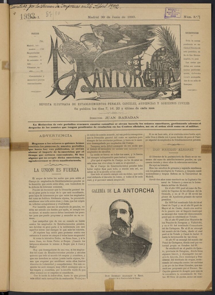 Miniatura de La Antorcha: revista ilustrada de establecimientos penales, cárceles, audiencias y gobiernos civiles del 30 de junio de 1890