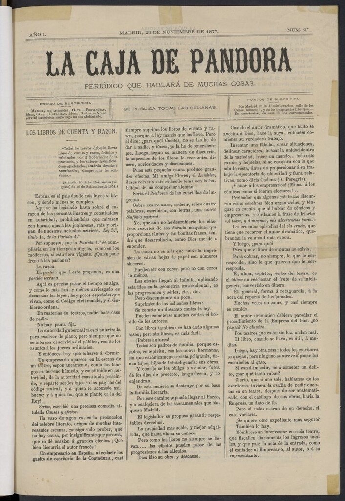 Miniatura de La Caja de Pandora: periódico que hablará de muchas cosas del 29 de noviembre de 1877