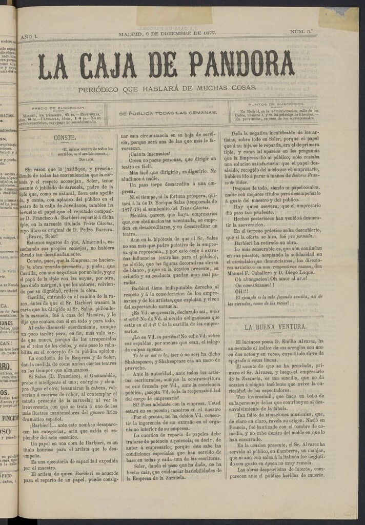 Miniatura de La Caja de Pandora: periódico que hablará de muchas cosas del 6 de diciembre de 1877