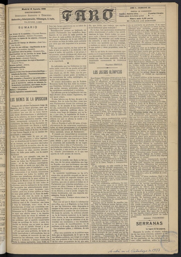 Miniatura de Faro (Madrid. 1908) del 16 de agosto de 1908