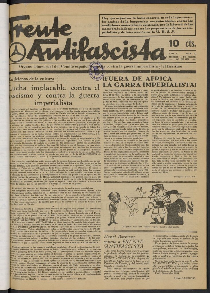 Miniatura de Frente Antifascista (Madrid. 1934) del 1 de febrero de 1934