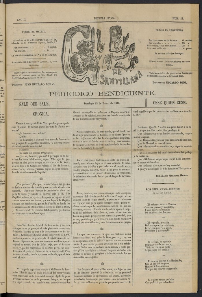 Miniatura de Gil Blas de Santillana: periódico bendiciente del 12 de enero de 1873