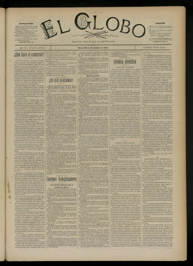 Miniatura de El Globo : diario ilustrado del 20 de noviembre de 1894, nº 6948