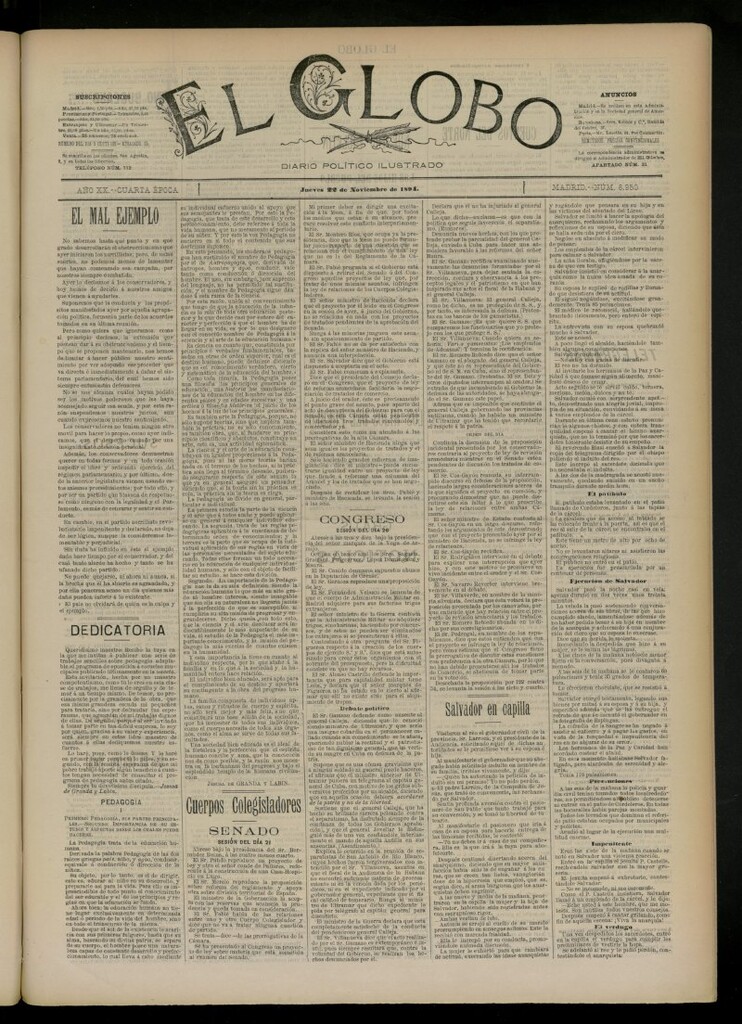 Miniatura de El Globo : diario ilustrado del 22 de noviembre de 1894, nº 6950