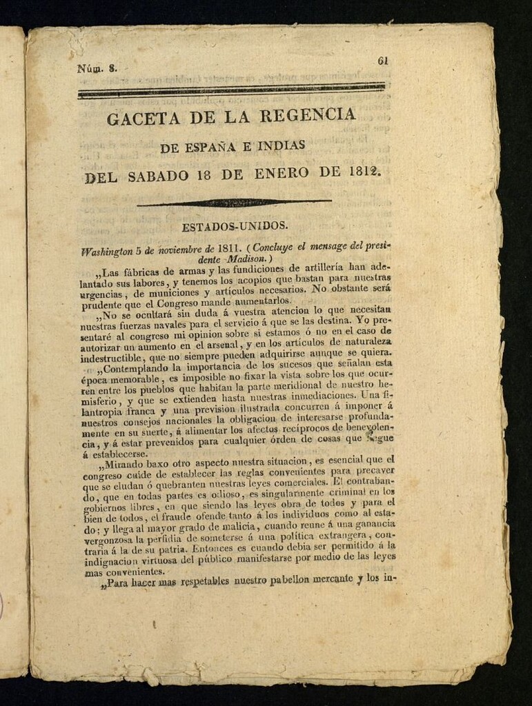 Miniatura de Gazeta de la Regencia de España e Indias del 18 de enero de 1812
