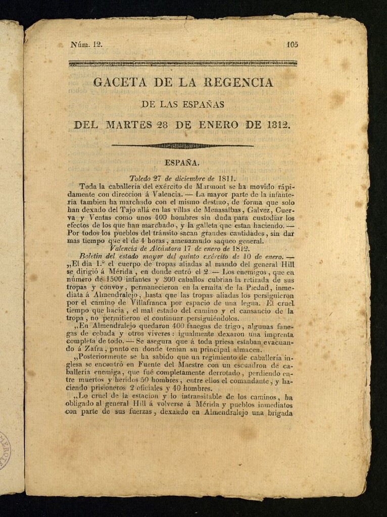 Miniatura de Gazeta de la Regencia de España e Indias del 28 de enero de 1812