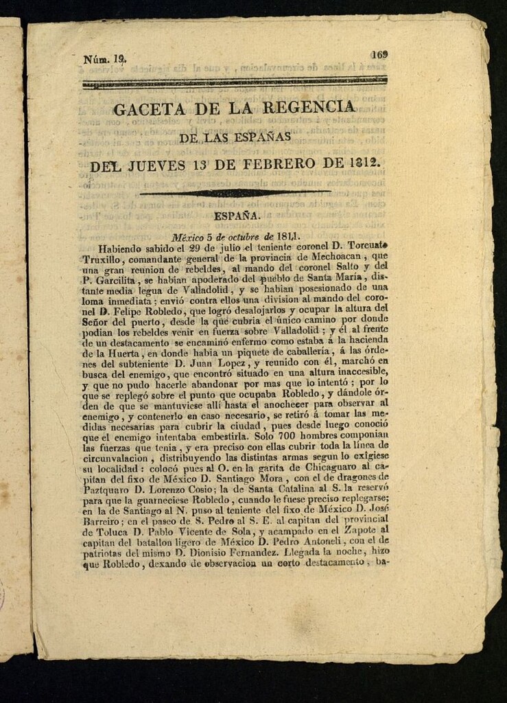 Miniatura de Gazeta de la Regencia de España e Indias del 13 de febrero de 1812