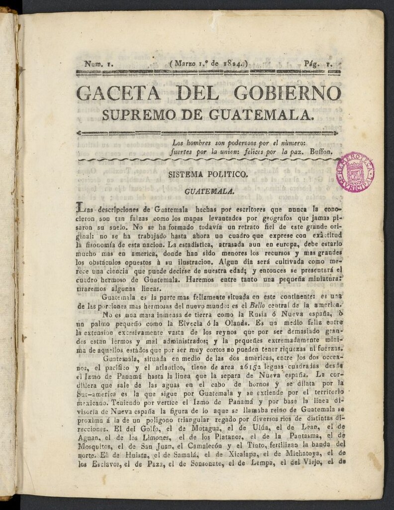 Miniatura de Gaceta del Gobierno Supremo de Guatemala del 1 de marzo de 1824