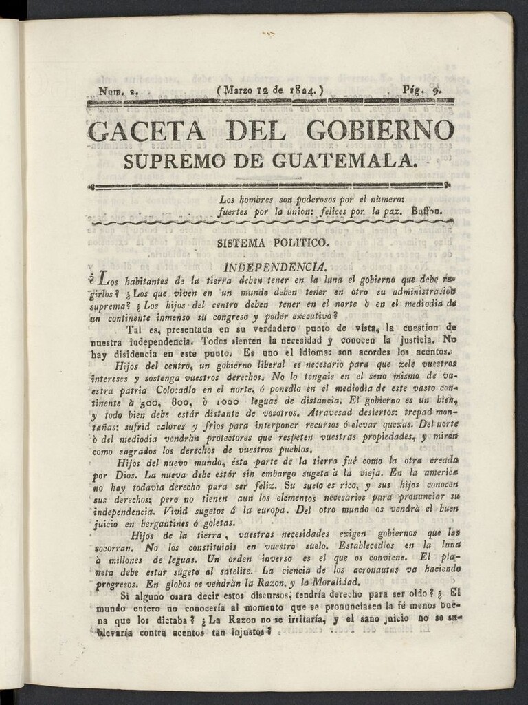 Miniatura de Gaceta del Gobierno Supremo de Guatemala del 12 de marzo de 1824