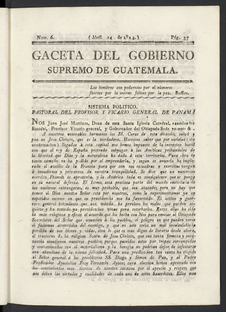 Miniatura de Gaceta del Gobierno Supremo de Guatemala del 14 de abril de 1824