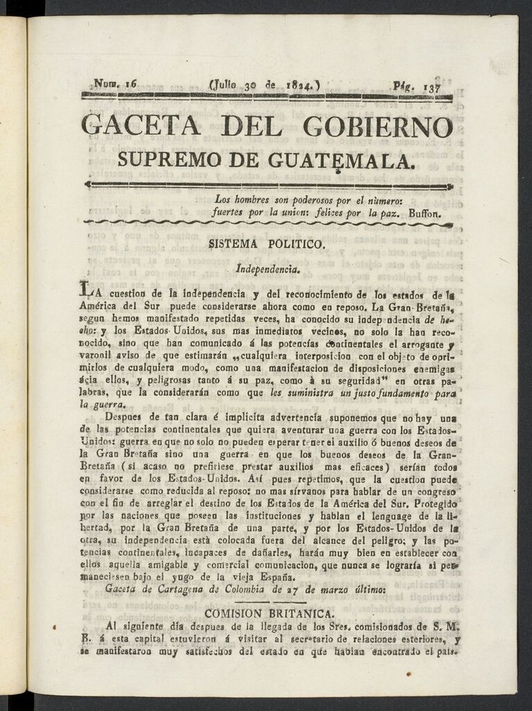Miniatura de Gaceta del Gobierno Supremo de Guatemala del 30 de julio de 1824