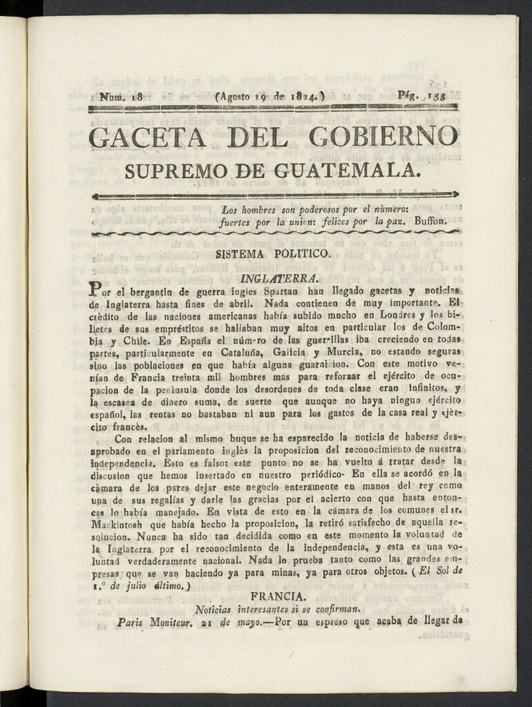 Miniatura de Gaceta del Gobierno Supremo de Guatemala del 19 de agosto de 1824