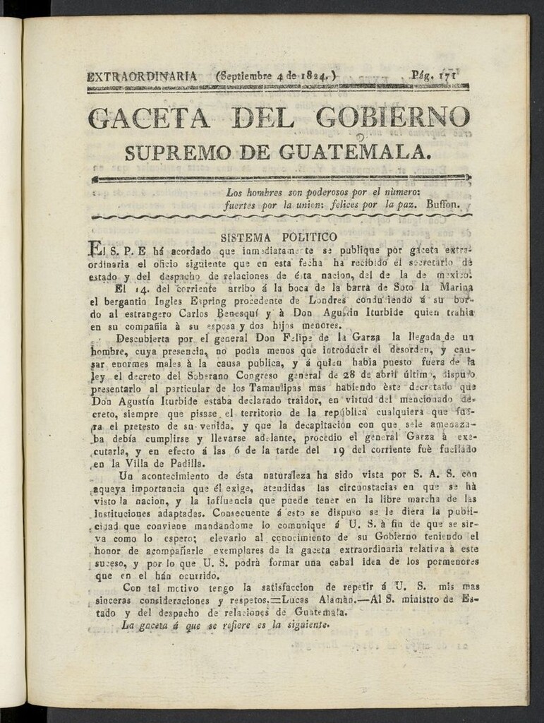 Miniatura de Gaceta del Gobierno Supremo de Guatemala del 4 de septiembre de 1824, extraordinaria