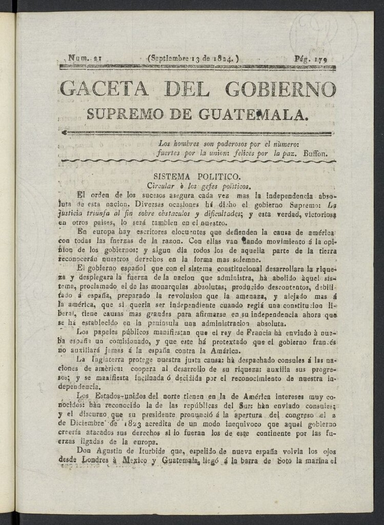 Miniatura de Gaceta del Gobierno Supremo de Guatemala del 13 de septiembre de 1824