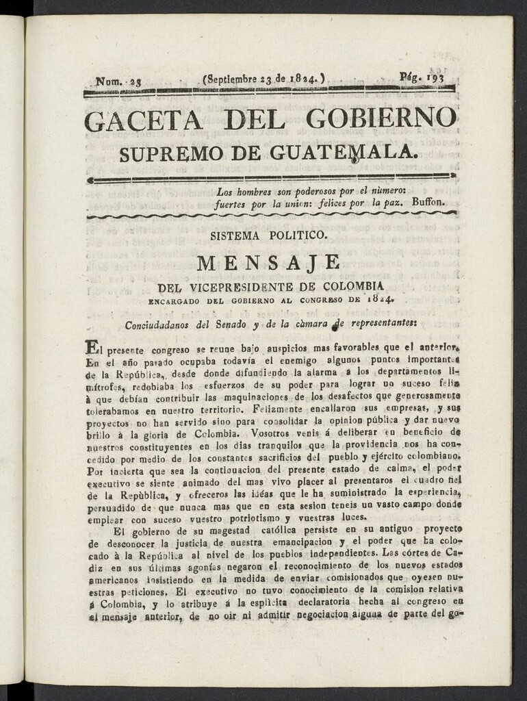 Miniatura de Gaceta del Gobierno Supremo de Guatemala del 23 de septiembre de 1824