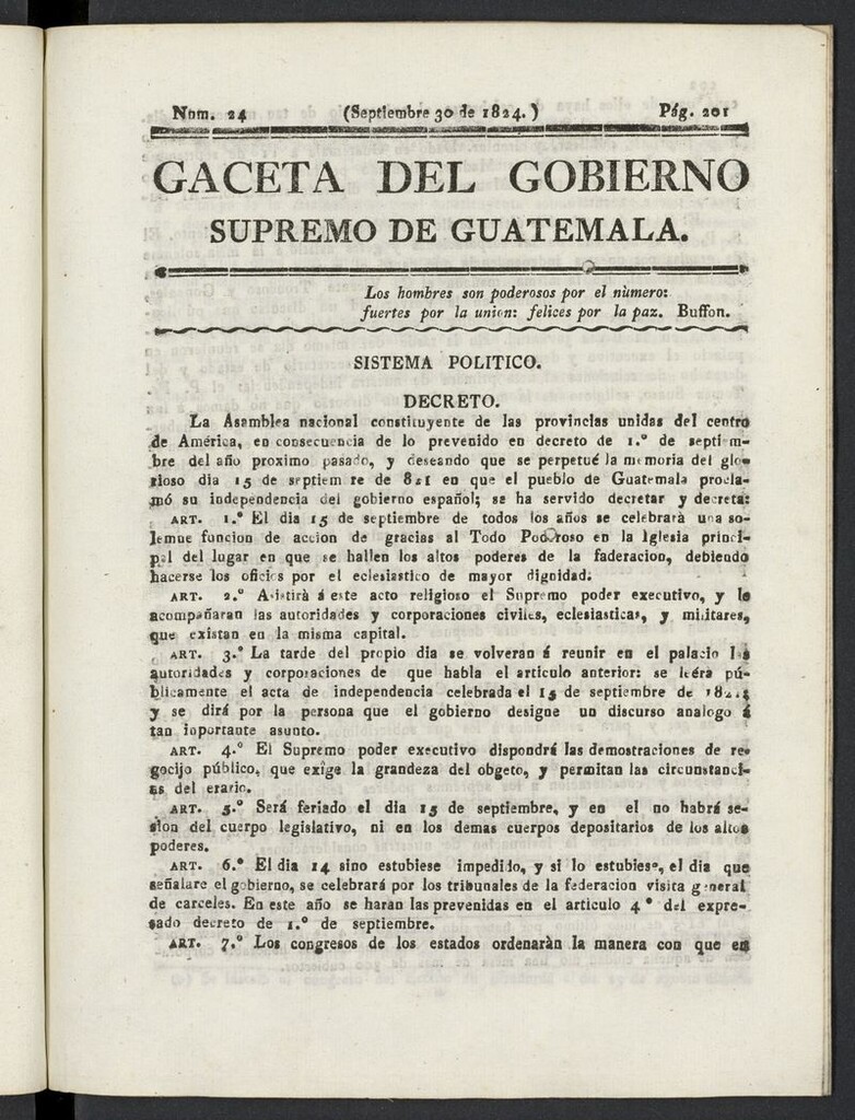 Miniatura de Gaceta del Gobierno Supremo de Guatemala del 30 de septiembre de 1824