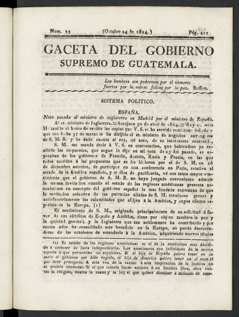 Miniatura de Gaceta del Gobierno Supremo de Guatemala del 24 de octubre de 1824