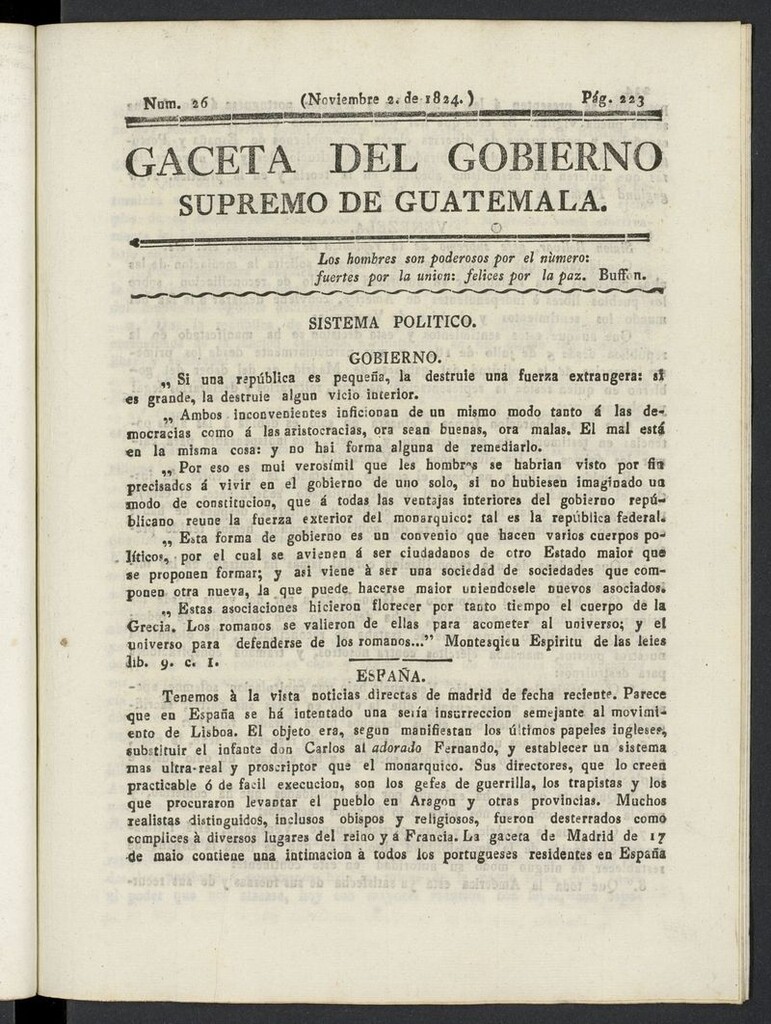 Miniatura de Gaceta del Gobierno Supremo de Guatemala del 2 de noviembre de 1824