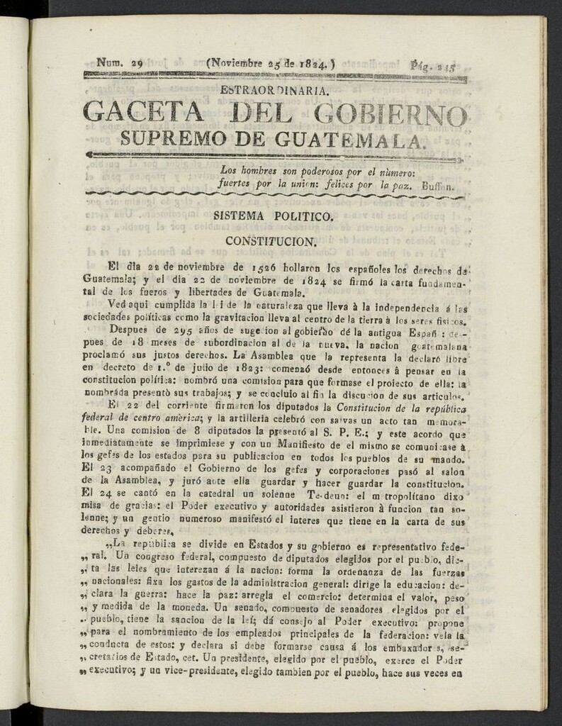 Miniatura de Gaceta del Gobierno Supremo de Guatemala del 25 de noviembre de 1824
