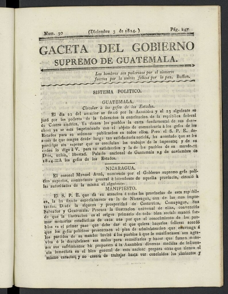 Miniatura de Gaceta del Gobierno Supremo de Guatemala del 3 de diciembre de 1824