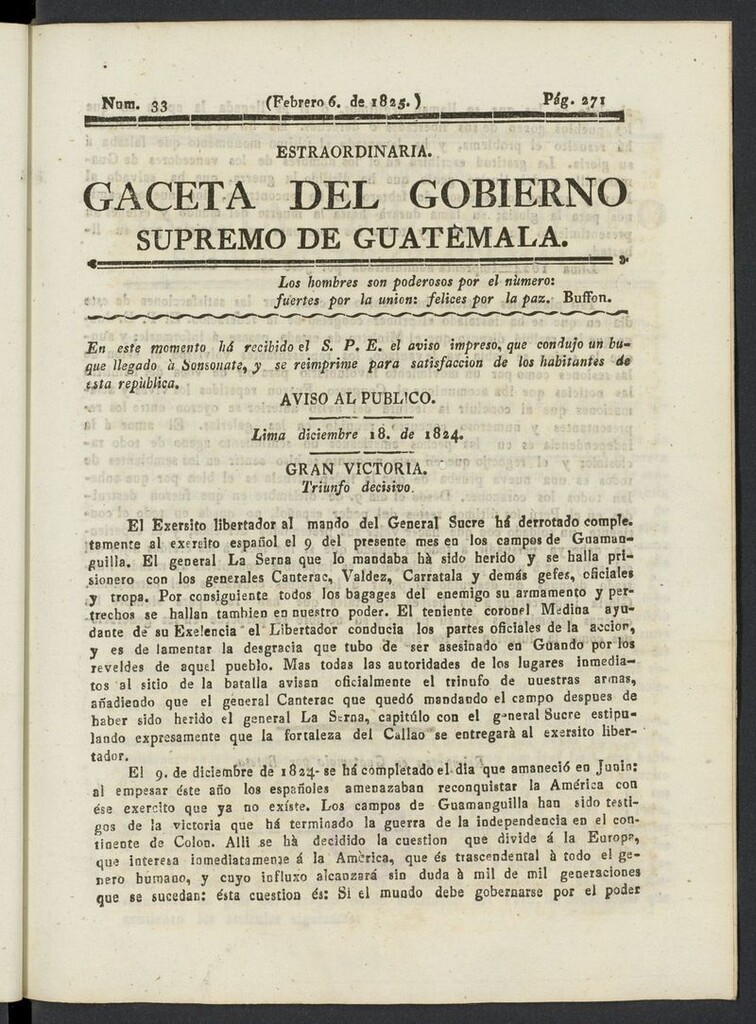 Miniatura de Gaceta del Gobierno Supremo de Guatemala del 6 de febrero de 1825