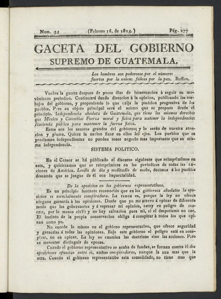 Miniatura de Gaceta del Gobierno Supremo de Guatemala del 16 de febrero de 1825
