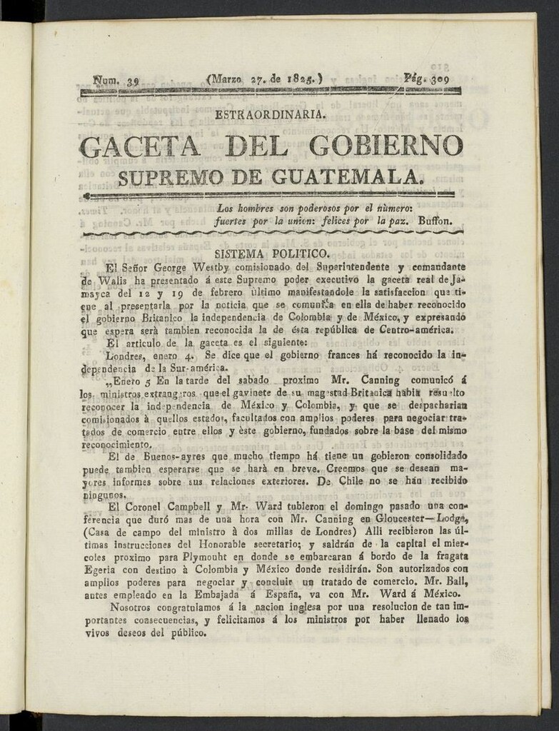 Miniatura de Gaceta del Gobierno Supremo de Guatemala del 27 de marzo de 1825