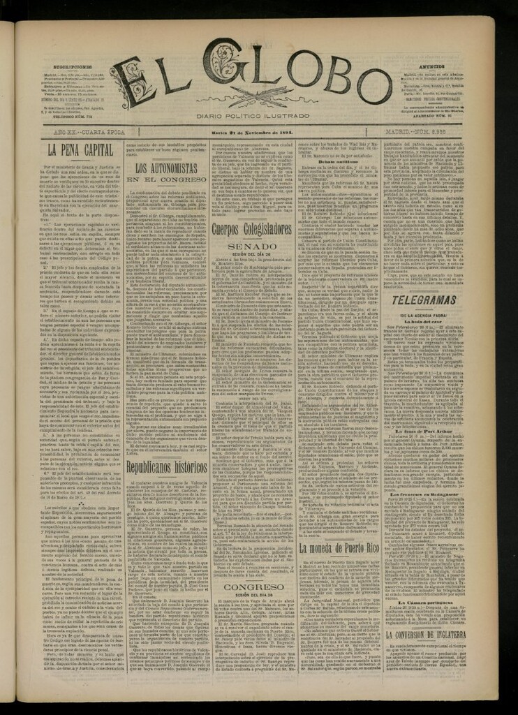 Miniatura de El Globo : diario ilustrado del 27 de noviembre de 1894, nº 6955