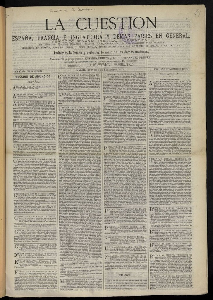 Miniatura de La Cuestión de España, Francia, Inglaterra y demás paises en general del 6 de septiembre de 1873