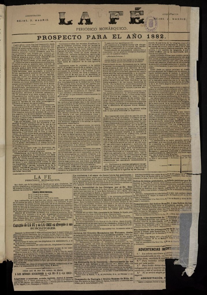 Miniatura de La Fe: periódico monárquico, prospecto para el año 1882