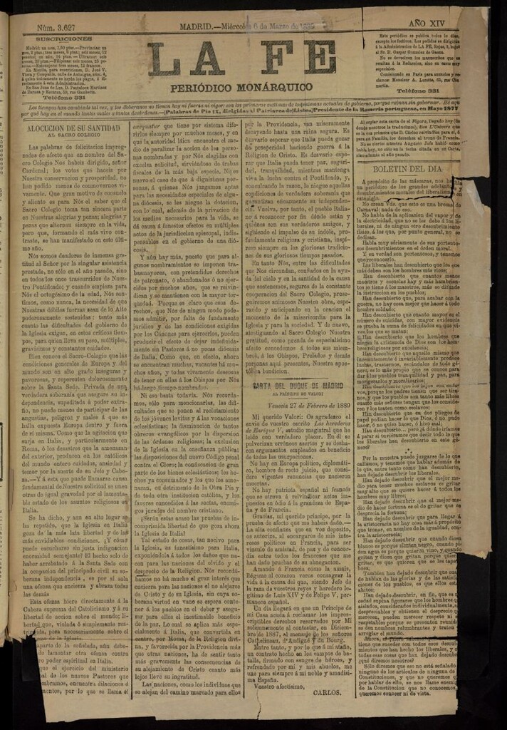 Miniatura de La Fe: periódico monárquico del 6 de marzo de 1889